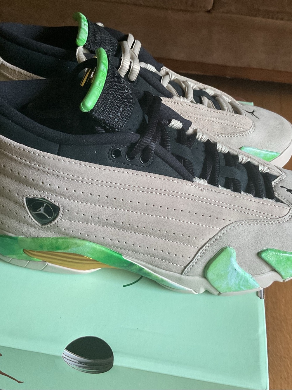 Jordan Mint Green Box with Gold, sand Jumpman, jordan14, black and sand laces